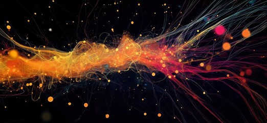 Poster - Abstract digital art depicting vibrant energy flow with colorful strands and glowing particles, showcasing dynamic movement and depth, copy space for text