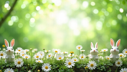 A Sweet Spring Surprise: A tiny white rabbit nestled amidst a vibrant tapestry of spring wildflowers, bathed in the golden glow of sunrise, evokes a sense of peace and wonder.