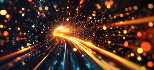 Poster - vibrant light tunnel with swirling particles and glowing orbs, depicting motion and energy in a cosm