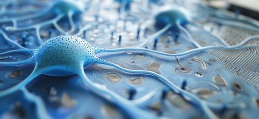 Poster - Neurons and Neural Networks Visualization, Blue Neural Cells Interconnected on Circuit Board, Abstract Technology Concept, copy space for text