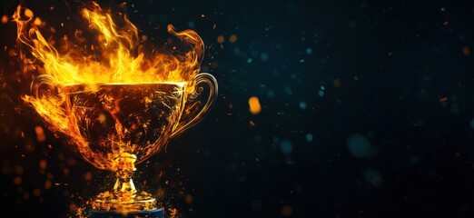 Poster - Flaming Trophy Symbolizing Victory and Achievement with Fiery Flames and Sparkling Background, copy space for text