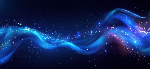 Poster - abstract blue wave with sparkling stars and cosmic elements, vibrant digital background, flowing lig