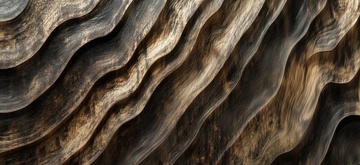 Poster - Textured wood surface with flowing waves and rich tones, showcasing natural patterns and organic design elements, copy space for text