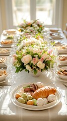 Wall Mural - Elegant easter brunch table with floral decor and festive eggs