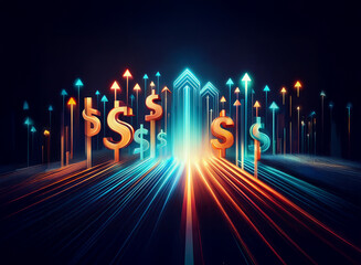Poster - Glowing arrows and dollar signs converge, symbolizing financial growth and upward trends in a dynamic, futuristic setting.  The vibrant colors and energy suggest rapid progress and success.