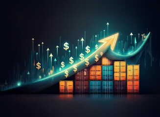 Poster - Abstract illustration showing upward trending graph with shipping containers, symbolizing growth in global trade and commerce.  Dollar signs highlight financial success.