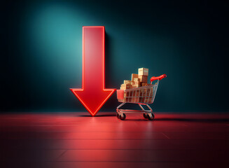 Poster - A shopping cart filled with packages sits beside a large red downward-pointing arrow, illuminated in a dark room, suggesting a decline in sales or consumer spending.