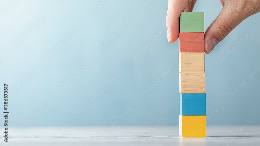 Business growth process showing a hand stacking wooden blocks with ...