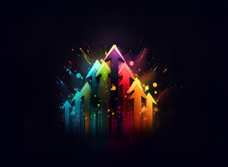 Poster - Vibrant, multicolored arrows ascend against a dark background, surrounded by colorful paint splatters, symbolizing growth and progress.