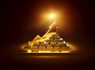 Poster - A golden arrow ascends from a pyramid of gold bars, symbolizing wealth, growth, and prosperity.  Illuminated against a dark background, it evokes a sense of success and financial achievement.