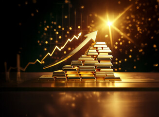 Poster - A golden arrow ascends a pyramid of gold bars, symbolizing financial growth and prosperity against a dark, glittering background.  The rising arrow points towards a bright light, suggesting success an