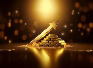 Poster - A golden arrow ascends above a pyramid of gold bars resting on shimmering sand, set against a bokeh backdrop.  Symbolizing wealth, success, and growth.