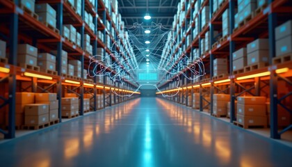 Poster - AI-driven inventory management system optimizes warehouse operations. Smart tech streamlines stock control. Data visualization enhances supply chain planning. Demand forecasting improves efficiency.