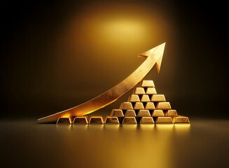 Poster - Golden bars forming an upward pyramid with a rising gold arrow, symbolizing financial growth and wealth accumulation.  A dark background highlights the precious metal's gleam.