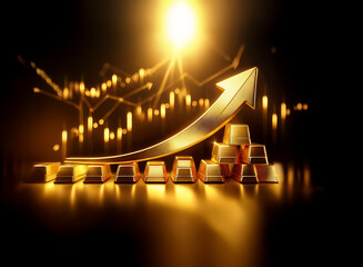 Poster - Golden arrow ascends over a stack of gold bars, set against a backdrop of glowing financial charts.  Success, growth, and wealth are visually represented.