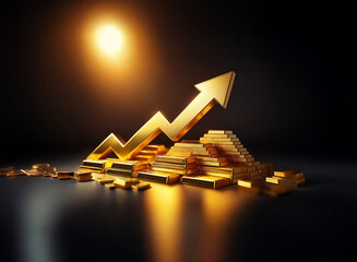 Poster - A golden arrow ascends above a pyramid of gold bars, symbolizing wealth accumulation and financial growth against a dark background illuminated by a warm light.