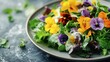© Natpasit - Vibrant Edible Flower Salad: A delightful spring salad bursting with color, featuring a mix of fresh greens and an assortment of vibrant edible pansies in yellow, purple, and orange hues.