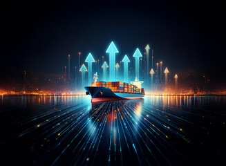 Poster - A container ship sails on illuminated waters at night, surrounded by glowing upward arrows suggesting growth in global trade and shipping.  Digital trails streak from the vessel, symbolizing fast, eff