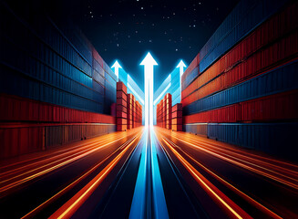 Poster - A glowing blue arrow points upward between rows of shipping containers, symbolizing growth in global trade and logistics.  Speed lines accentuate the dynamic movement.