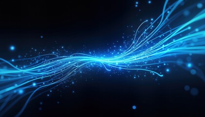 Poster - Abstract illustration shows dynamic blue lines moving across dark background. Fast motion, glowing light effect. Futuristic style graphic design. Illustrates high speed energy flow digital data