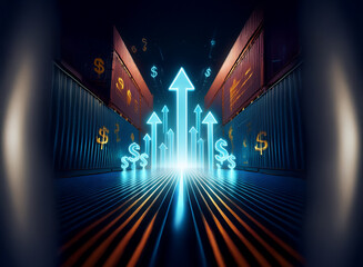 Poster - Glowing arrows ascend between shipping containers, symbolizing growth in global trade and finance.  Dollar signs illuminate the scene, suggesting economic prosperity.