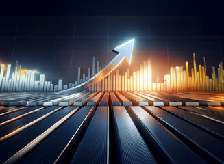 Poster - A futuristic, metallic arrow ascends dramatically above a vibrant financial graph, symbolizing growth and progress in the market.  The scene is dark, emphasizing the arrow's bright glow.