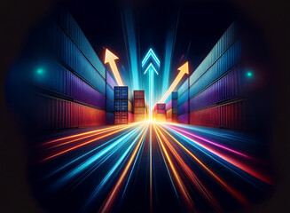 Poster - Glowing highway of light streaks between rows of shipping containers.  Bright arrows ascend, symbolizing growth and global trade.  Dynamic and vibrant imagery suggesting speed, efficiency, and progres