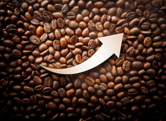 Aufkleber - A white upward arrow curves through a dense background of roasted coffee beans, suggesting growth or increase in the coffee industry.