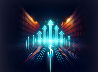 Poster - Glowing arrows ascend towards a bright dollar sign on a dark, futuristic highway.  The scene symbolizes financial growth and technological advancement.