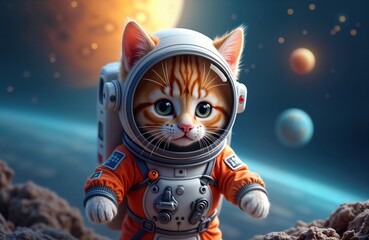 Aufkleber - Cute ginger cat in space suit explores cosmos. Adorable space pet travels among planets. Small cat astronaut adventures in deep space. Cosmic journey. Adorable animal in orange suit. Space travel