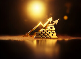 Poster - Golden pyramid of bars reflecting light, rising graph arrows indicating growth and prosperity.  A symbol of wealth and financial success.