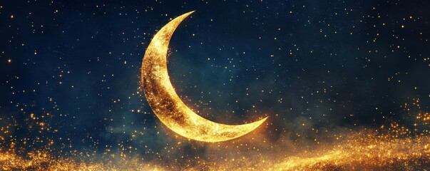 Wall Mural - golden crescent moon, starry night sky, shimmering particles, magical atmosphere, celestial theme, g