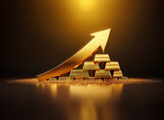 Poster - A golden arrow ascends, pointing upward above a pyramid of gleaming gold bars, suggesting growth and prosperity in a dark, reflective setting.