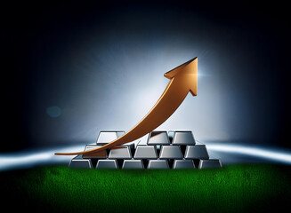 Poster - A bronze arrow ascends dramatically above a stack of silver bars resting on a vibrant green field, symbolizing financial growth and prosperity.  The scene is set against a dark, moody backdrop, enhanc