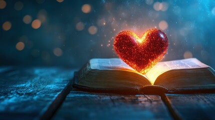 Poster - Heart of Love Emerging from Open Book with Sparkling Background