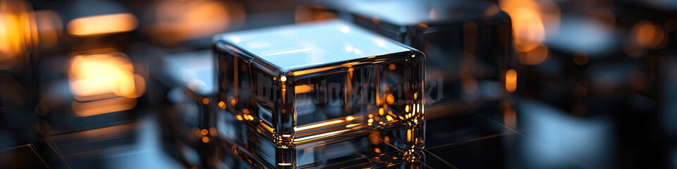 Poster - Transparent Glass Cube with Bokeh Lighting and Background Cubes