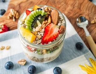 Wall Mural - Healthy breakfast for kids with yogurt, oatmeal, and fresh fruits