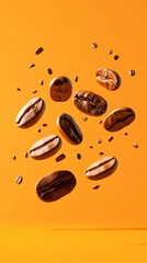 Poster - Numerous roasted coffee beans and smaller fragments are suspended in mid air against a striking orange backdrop, creating a dynamic and visually appealing scene