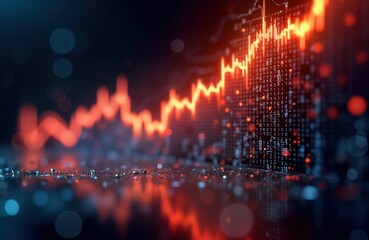 Aufkleber - Dynamic digital chart shows upward growth trend in stock market. Financial data, tech indicators glow with orange light. Modern business graph displays success, investment growth. Abstract data