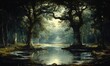 © Ali - Serene forest pond, sunlight through trees.
