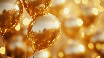 Poster - Golden balloons with reflective surfaces and glowing bokeh effect