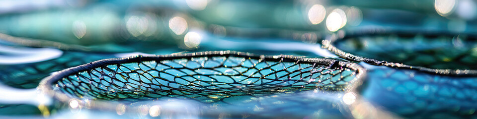 submerged fishing nets in teal water