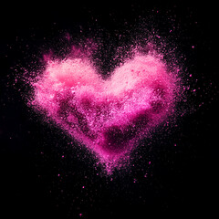 Poster - Vibrant pink heart made of powdery glitter on a black background