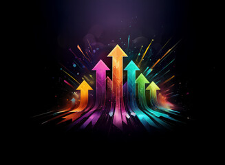 Poster - Three vibrant arrows ascend from a dark background, surrounded by colorful paint splatters and glowing particles, symbolizing growth and progress.