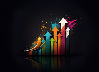 Poster - Three vibrant arrows ascend from a dark background, surrounded by colorful paint splatters and glowing particles, symbolizing growth and progress.