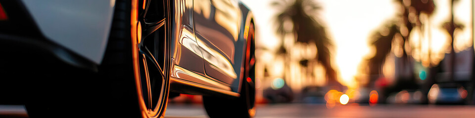 Wall Mural - Dark-Colored Vehicle at Sunset with Blurred City Background