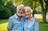 Elderly couple smiles happily outdoors. Stand close together in park. Relaxed, enjoying pleasant day. Expressions show contentment, love. Likely on weekend holiday. Couple appears healthy, active for