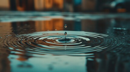 Poster - Close up of a water droplet impacting a puddle's surface, creating mesmerizing concentric ripples that expand outwards, reflecting the surrounding environment in a distorted manner