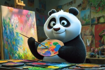 Poster - Panda joyfully creates art with a paintbrush and palette in a vibrant studio filled with colorful paintings. Generative AI