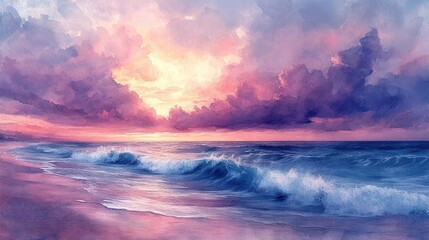 Wall Mural - Serene ocean waves at sunset, pink sky.